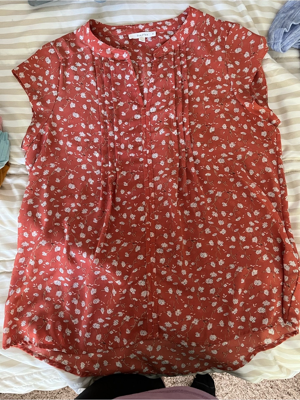 fun 2 fun Coral Red Floral Pintuck Cap-Sleeve Blouse